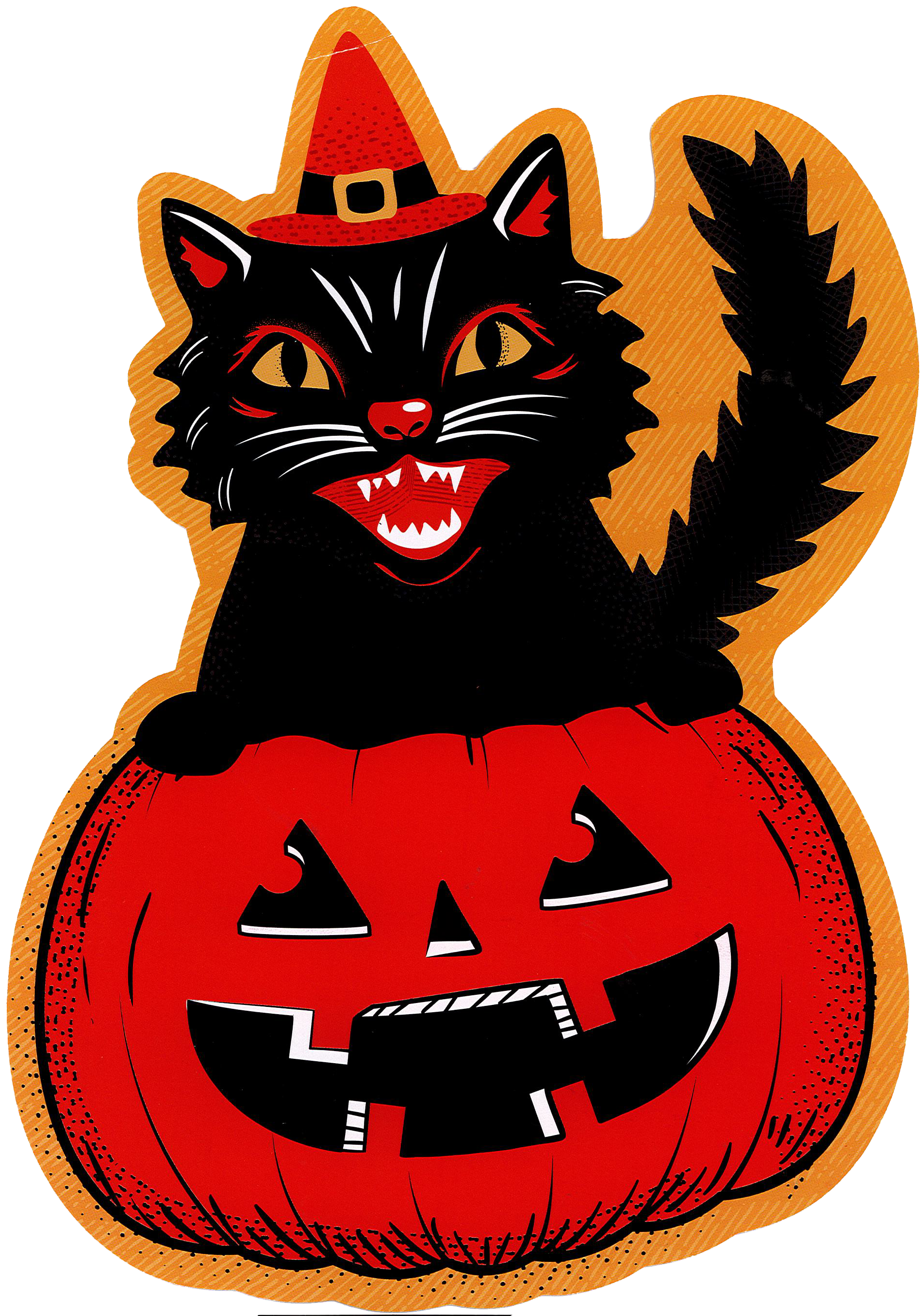 a black cat in a witch hat popping its head out the top of a carved jack-o-lantern